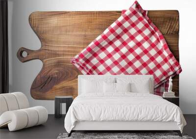 wooden cutting board with red check napkin isolated on white or transparent png Wall mural