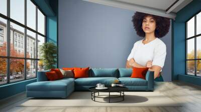 Black woman, business leader and arms crossed by advertising, marketing and mockup space for power and leadership. Portrait of African, model with natural afro, hair for product placement mock up Wall mural