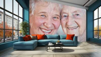 Closeup portrait, senior woman friends and smile together for friendship, bonding or love on face. Elderly best friends, happy sister or women in zoom macro for happiness, relax or retirement in home Wall mural