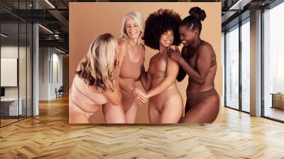 Diversity, lingerie and body positive people happy with shape size, self love and natural beauty on studio background. Women empowerment, solidarity and group of model girl friends with support care Wall mural