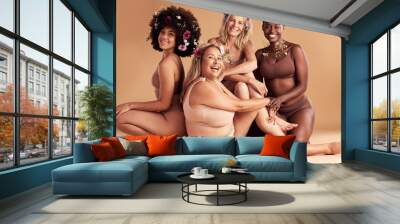 Flowers, diversity and portrait of body positive women happy with self care, creative beauty design and confidence. Group solidarity, lingerie and empowerment of floral girl friends with self love Wall mural