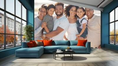 Happy, black family and portrait smile for beach moments together in happiness for the outdoors. African people smiling on holiday trip or travel in South Africa to relax and bond for summer vacation Wall mural