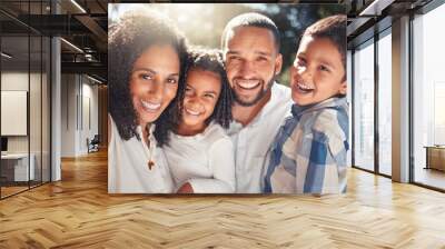 Happy, family and selfie smile in nature for fun summer vacation or break together in the outdoors. Portrait of African mother, father and children smiling with phone in happiness for holiday trip Wall mural