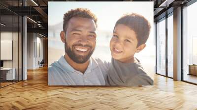 Happy, father and son portrait smile in beach fun, vacation and break in summer happiness together. Dad and child selfie smiling in fun outdoor bonding free time on a sunny day at the ocean Wall mural