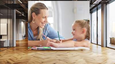 Home school, mother and kid education, creative learning and studying, writing and fun crayon drawing in Australia. Happy mom teaching child development, knowledge and creativity together for growth Wall mural