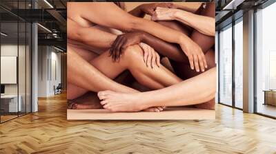 Legs, skincare and diversity of body positive women, natural beauty and wellness in studio. Group, models sitting together in underwear for wellness, global community and empowerment for self love Wall mural