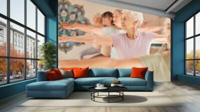 Yoga fitness, class and senior women training for elderly wellness, health and retirement self care in pilates studio. Healthcare, body workout and calm group of people exercise for healthy lifestyle Wall mural