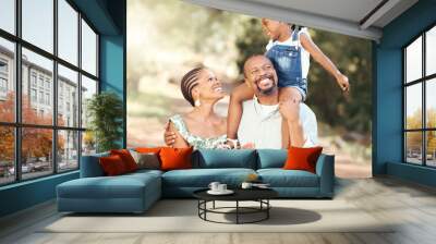 Family, love and children with a happy mother, father and daughter outside in a park during summer. Mature man and woman bonding and spending time with their cute little girl outdoors in nature Wall mural