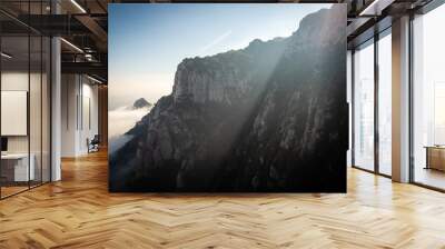 Misty Montserrat mountain covered in clouds, Catalonia, Spain. Wall mural