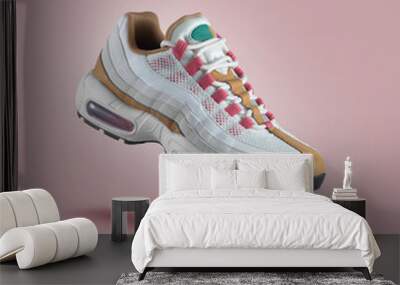 white sneaker with colored accents on a pink gradient background, men's fashion, sport shoe, air, sn Wall mural