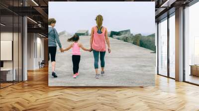 Back view of three female generations walking by sea pier Wall mural