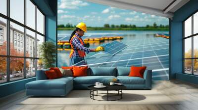 Banner of black female worker checking photovoltaic module in floating solar panel platform on water Wall mural