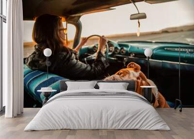 person in a car with bulldog Wall mural