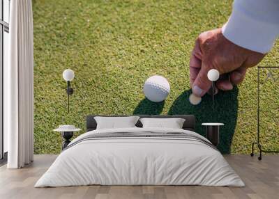 Golfer using pin marking position of golf ball on green Wall mural