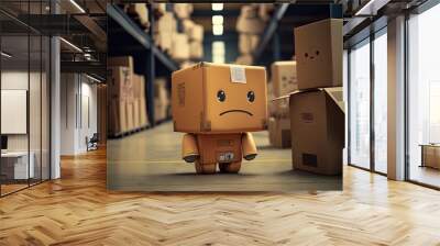 Sad delivery box cartoon character in a store. Concept: Problems with the delivery. Generative ai Wall mural