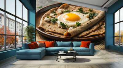 Savory crepe topped with fried egg and herbs on a rustic plate Wall mural