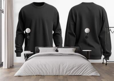 Simple black sweatshirt displayed from front and back views, highlighting its casual design, fabric texture, and versatile style for everyday wear isolated on transparent background Wall mural