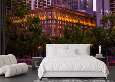 Southern Pacific Building, San Francisco, lights plus car lights, night. Skyline Wall mural