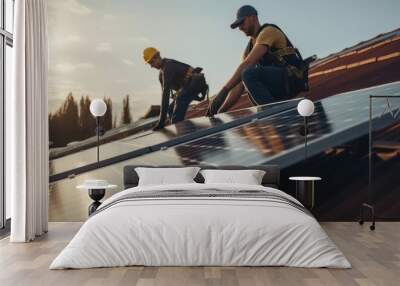 Technicians installing photovoltaic solar panels on roof of house Wall mural