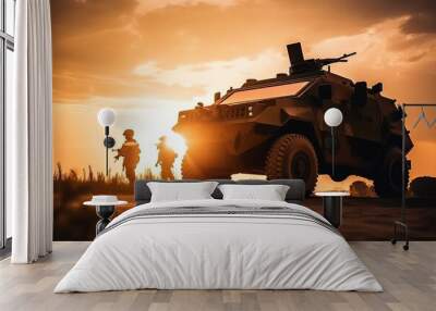 Troops in the war. Military patrol car at sunset. Army war concept. Silhouette of armored vehicle with gun in action. Generative ai Wall mural