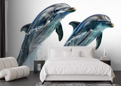 Two dolphins jumping from ocean water isolated on transparent background Wall mural