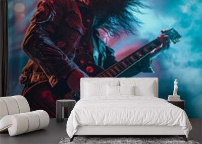 Vintage rock guitarist with long hair, leather, and stage lights playing a solo– retro 80's 90's band style Wall mural