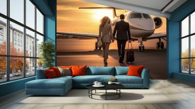 Wealthy couple with bags walking towards a luxury private jet at sunset Wall mural