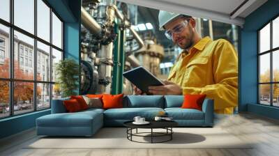 An engineer wearing a hard hat and protective glasses inspects industrial machinery using a tablet. Wall mural