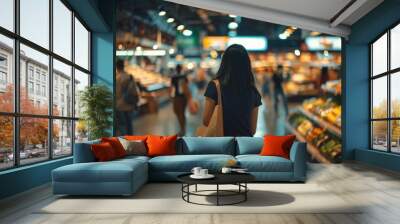 Back view of a Woman shopping in a busy supermarket aisle. Wall mural