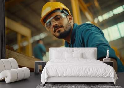 Worker organizing wood planks in large industrial warehouse. Wall mural