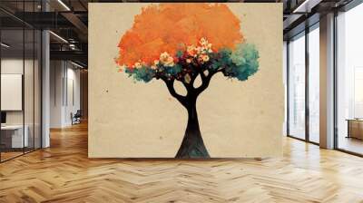 Gorgeous illustrated Japanese style background with a bright orange tree on a pastel background Wall mural