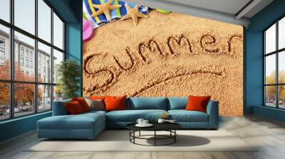 summer beach writing in sand word written for vacation holiday photo Wall mural