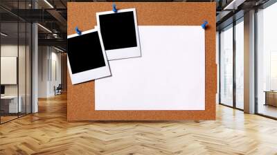 two polaroid style photo frame print pinned to a cork notice board background with blank paper poste Wall mural