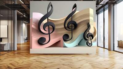 Music notes with 3d style sheet music. Colorful pastel background. Musical case. Music and sound concept. Concerts, sheet music and classical music. AI generative tachnology. Wall mural