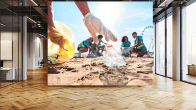 Group of eco volunteers picking up plastic trash on the beach - Activist people collecting garbage protecting the planet - Ocean pollution, environmental conservation and ecology concept Wall mural