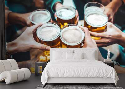 Group of people drinking beer at brewery pub restaurant - Happy friends enjoying happy hour sitting at bar table - Closeup image of brew glasses - Food and beverage lifestyle concept Wall mural