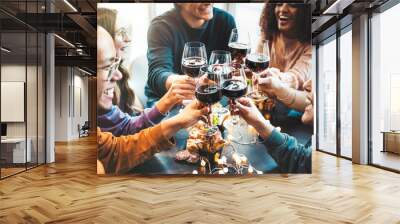 Multiracial group of friends toasting red wine sitting at bar restaurant table - Millennial people enjoying dinner party together - Life style concept with guys and girls hanging out on weekend Wall mural