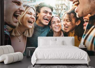 Multiracial happy friends laughing walking outside - Cheerful young people having fun hanging out on summer day - University students smiling standing together in college campus - Backlight filter Wall mural