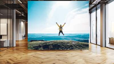 Successful man jumping on the top of the mountain - Happy hiker celebrating success Wall mural