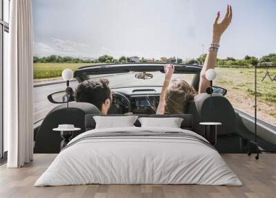 Traveller happy couple driving on the road into in a sports car rasing their arms to the sky Wall mural