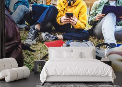 University students studying together sitting in college campus - Group of teens hanging out in public park - High school and millennial generation lifestyle concept Wall mural