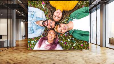 Young friends having fun in the park - Group of happy lying on the grass outdoor looking at camera - Bright filter Wall mural