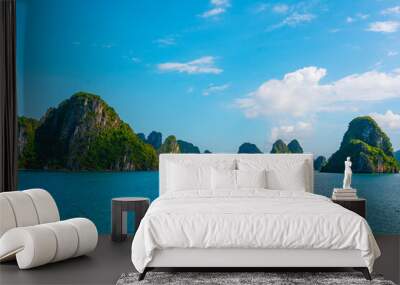 Beautiful view on tourist boats among limestone rocks of Ha Long Bay, Vietnam with bluesky. Wide Landscape view of Halong bay Wall mural