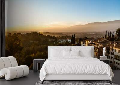 view of old italian town Asolo at sunset from hill with ancient buildings Wall mural