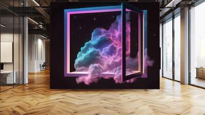 3d cloud going through square window isolated on black background. Starry night sky. Abstract dreaming metaphor. Glowing pink blue neon lines. Virtual reality. Ultraviolet light Wall mural