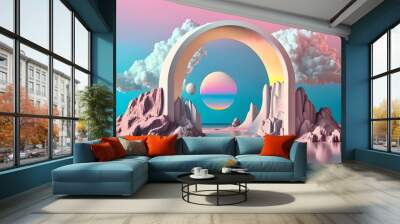 3d render, abstract panoramic background. Fantastic landscape with water, rocks, mirror arch, neon frame and cloud. Pastel gradient sky. Modern minimal aesthetic wallpaper  Wall mural