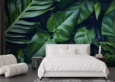 closeup tropical green leaf background. Flat lay, fresh wallpaper banner concept Wall mural