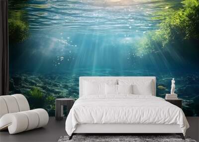 lake background with water underwater abstract fresh water diving scenery and nature s underwater ecosystem backdrop. Copy space image. Place for adding text and design Wall mural