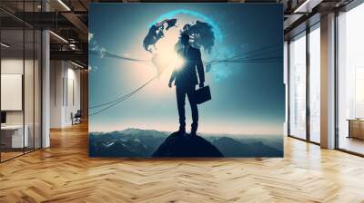 Silhouette of businessman holding world and connection line on the top of mountain with over blue sky and sunlight. It is symbol of leadership successful achievement Wall mural