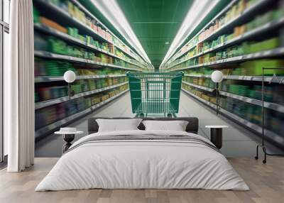 Supermarket aisle with empty green shopping cart Wall mural